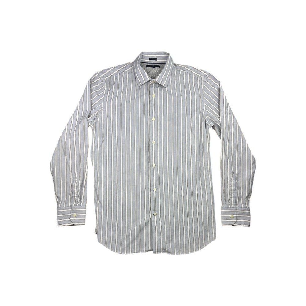 Banana Republic Men's Large Slim Fit Button Down Shirt Gray White Striped Woven‎